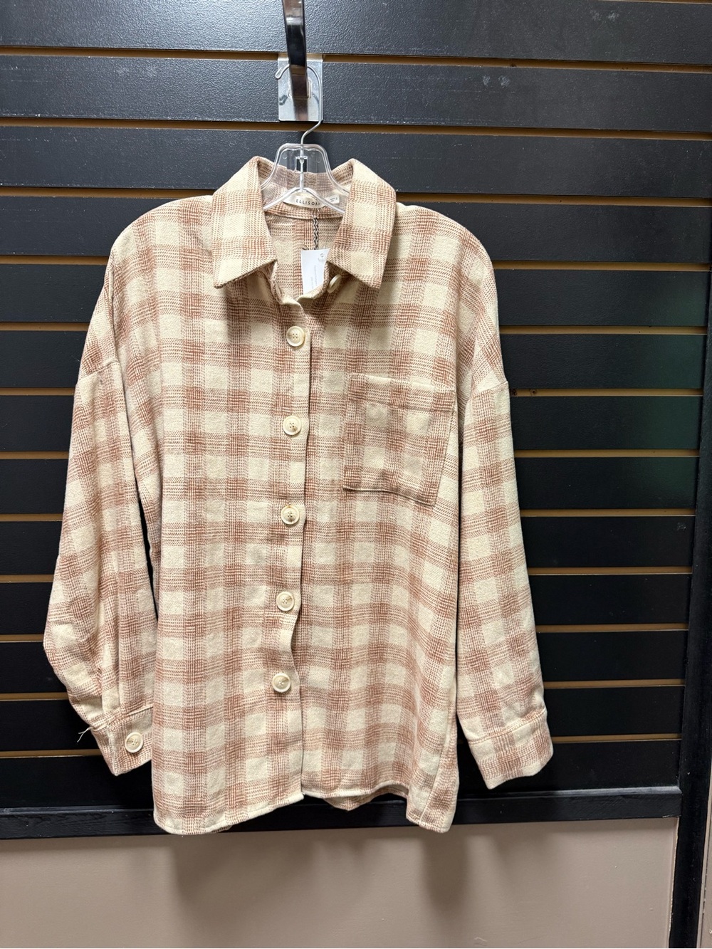 NWT Ellison Plaid Flannel Button Up Shirt Camel Cream Small